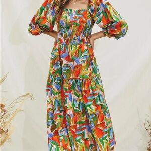 DRESS FORUM Orange Red Puff Sleeve Midi Sundress - Size Large